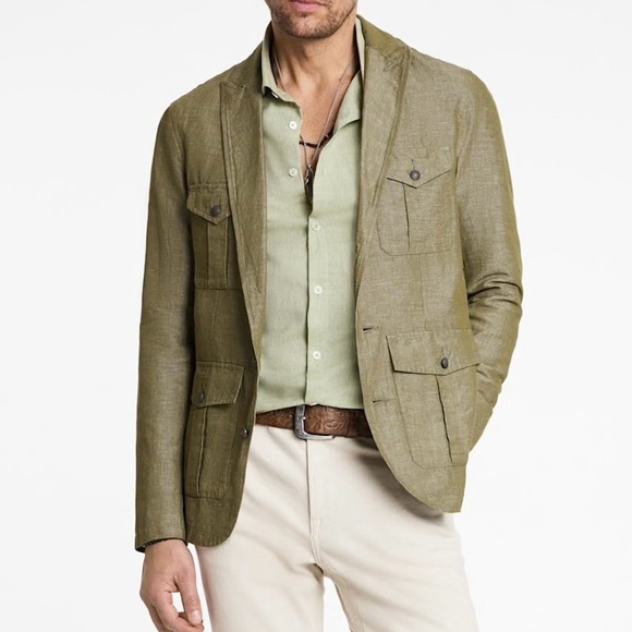 $598 NWT John Varvatos Linen Jacket 46 Khaki Green Men's Olaf Officer Coat S